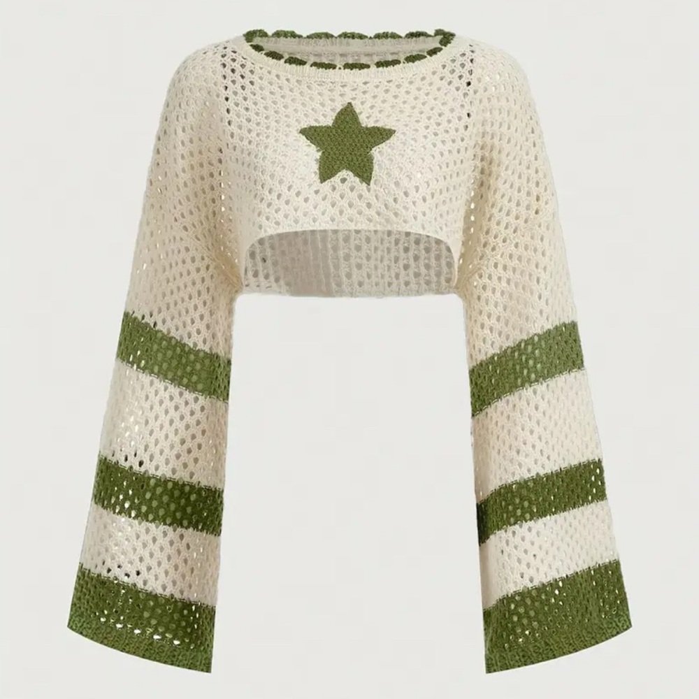 Star Crochet Cropped Pullover Sweater Top Green/ Cream Size M - Picture 1 of 5